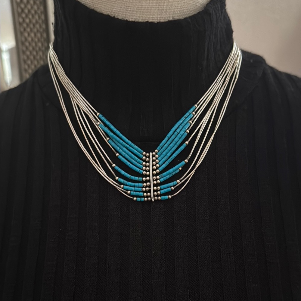 Silver and Blue Multi-Strand Necklace with Turquoise Accent
